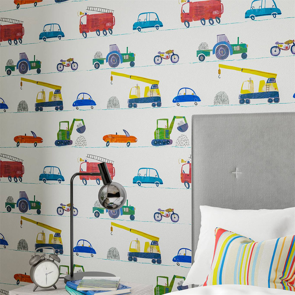 Boys room with Car Wallpaper - Just Keep Trucking