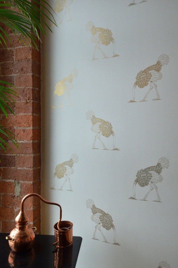 Large Gold Ostrich on Bone Wallpaper. Designed by Beware the Moon 