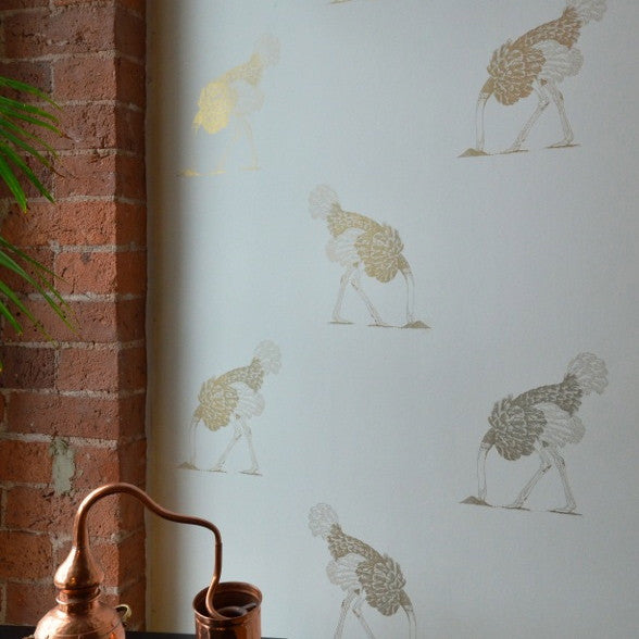 Ostrich Wallpaper in Australia | Beware the Moon Wallpaper. Gold Ostriches on White background.