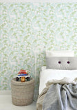 Majvillan Wallpaper. Apple Garden in Turquoise, Green, Pink & Creamy White