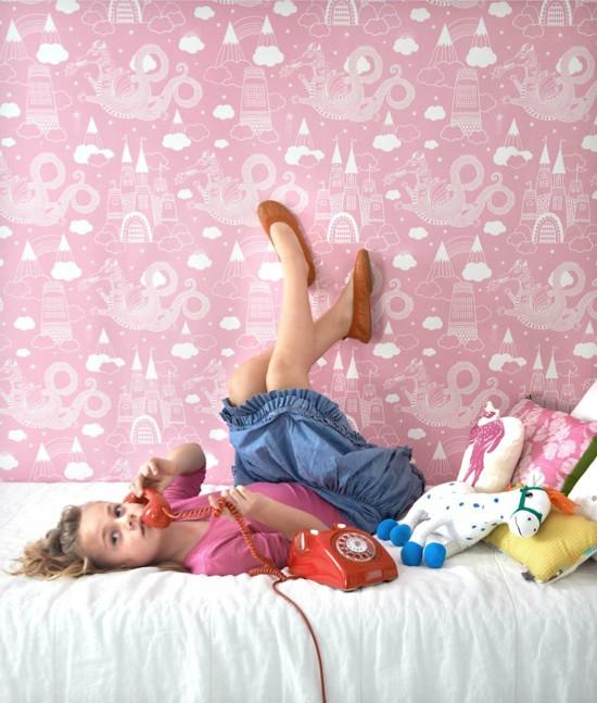 Majvillan Kids Wallpaper: Dragon Sky 103-03 in Pink & white