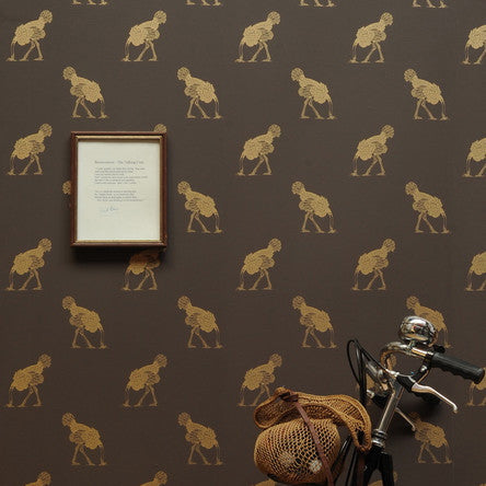 Beware the Moon Ostrich Wallpaper. Small gold ostriches on a brown background. Available in Australia