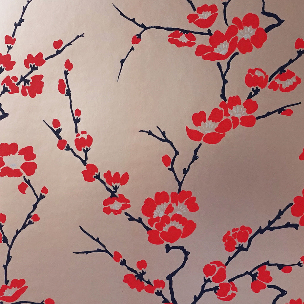 Cherry Blossom Wallpaper in red & bronze metallic by Signature Prints